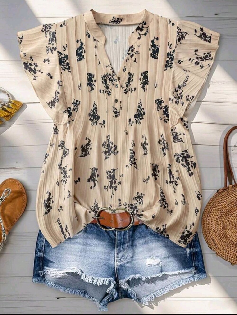 Plus Size Floral V-Neck Flutter Sleeve Top - Beige/Black